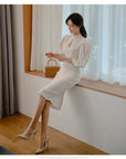 H Han Queen Hot sale Autumn Fashion Stand Collar Puff Sleeve Female Pencil bodycon Dress Slim Solid color Midi Casual Dresses