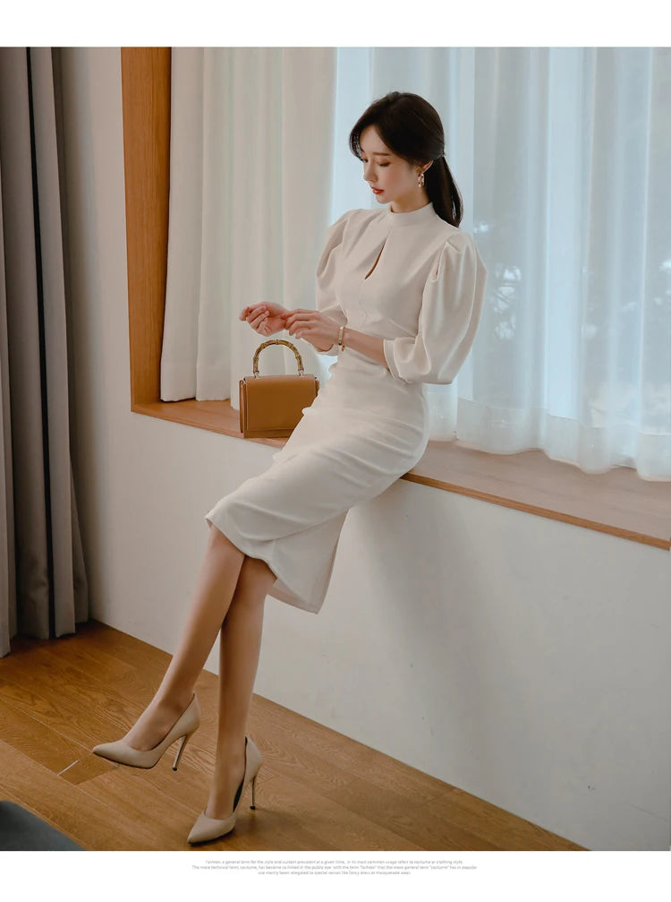 H Han Queen Hot sale Autumn Fashion Stand Collar Puff Sleeve Female Pencil bodycon Dress Slim Solid color Midi Casual Dresses