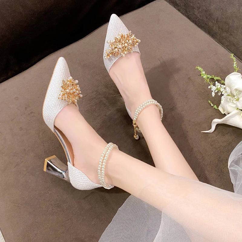 Shoes Women Summer High Heels Women Wedding Shoes Luxury Bride Gold Heels Mary Jane Shoes Ladies Pumps Sandals Zapatos De Mujer