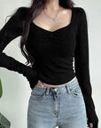 Sweetheart Neck Ruched T-shirt, Casual Long Sleeve Slim Crop Top