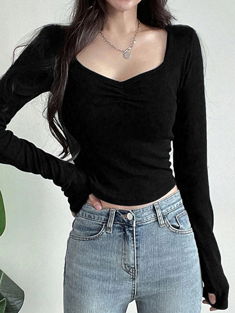 Sweetheart Neck Ruched T-shirt, Casual Long Sleeve Slim Crop Top