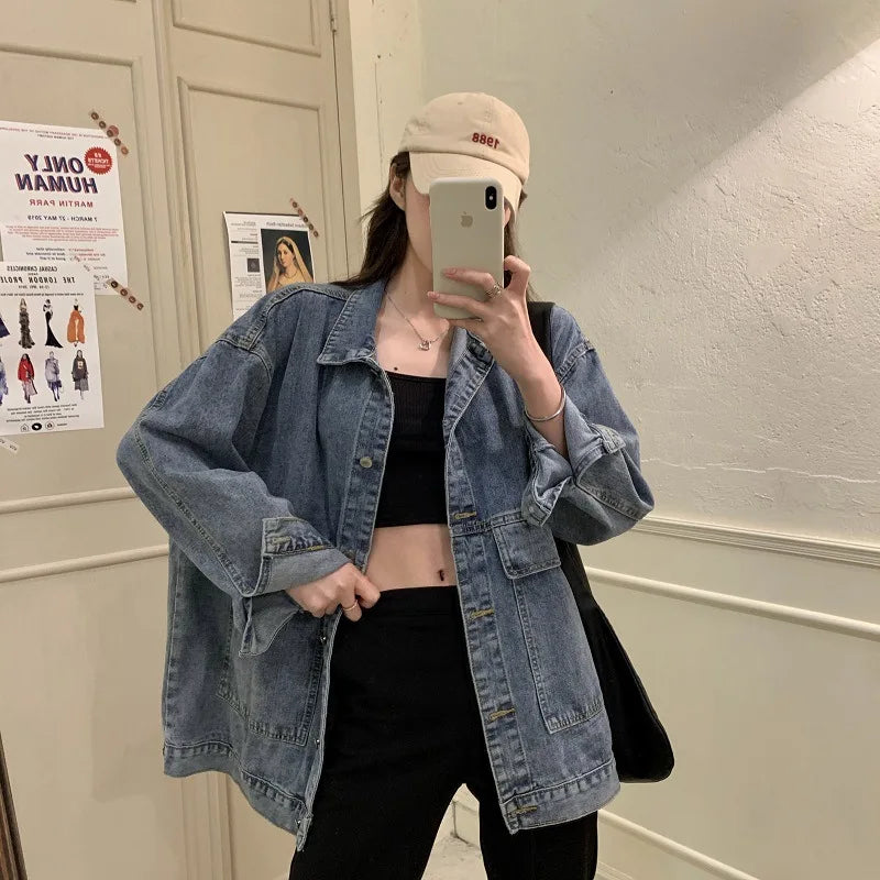 Autumn Women’s Denim Jacket Long Sleeve Overcoat Basic Loose Casual Coats Button Streetwear Outerwear Jeans Jackets