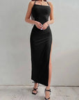 Sexy Black Long Bodycon Dress Women Summer Sleeveless Blackless Halter Neck Spaghetti Strap Dresses High Split Vestidos