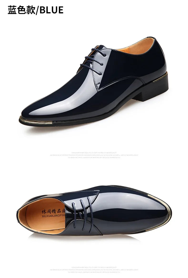 New Men’s Patent Leather Shoes  British Style Men's Dress Shoes Lace Up Pointed Toe Wedding Business Party Social Shoe Male