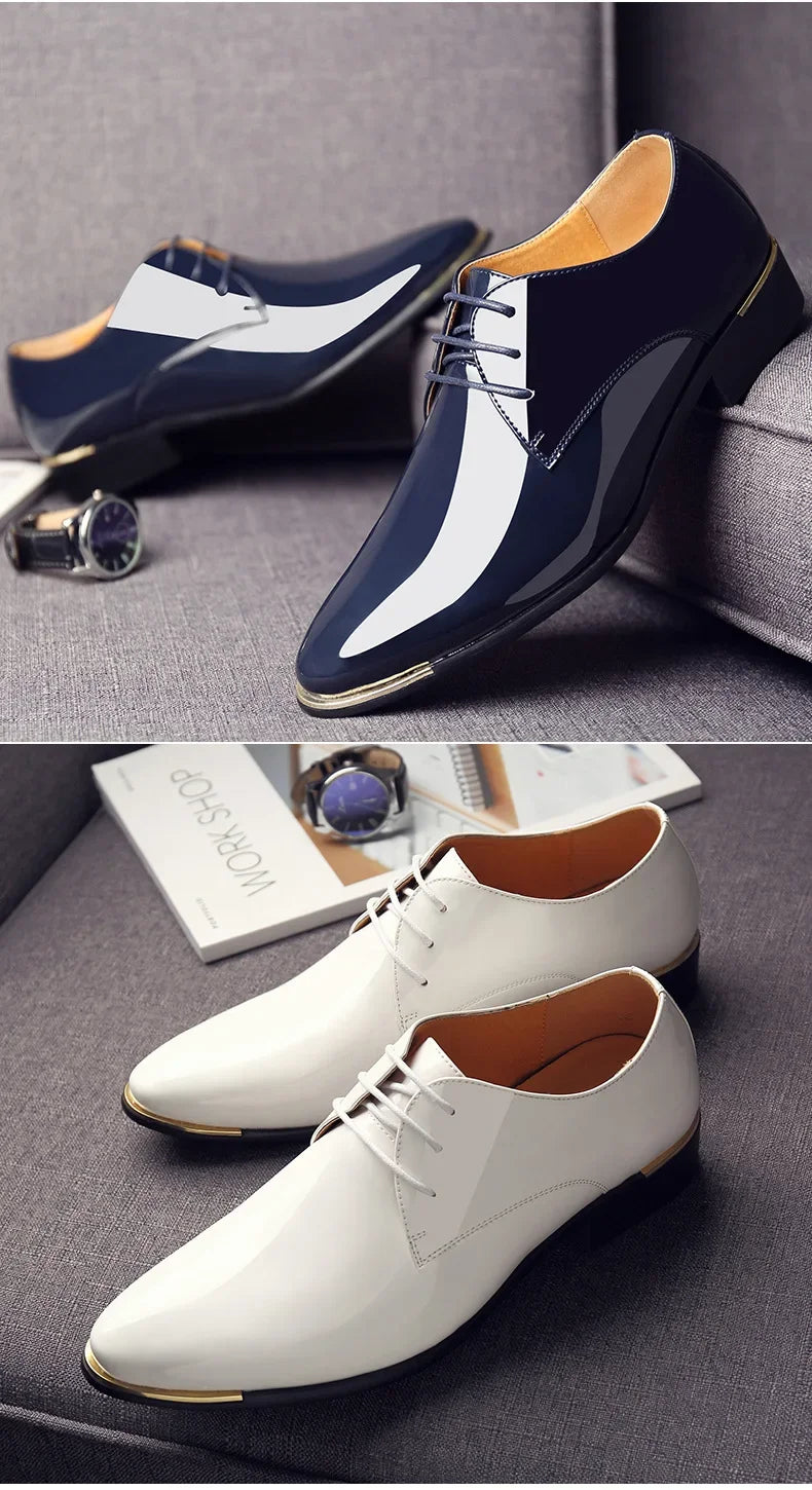 New Men’s Patent Leather Shoes  British Style Men's Dress Shoes Lace Up Pointed Toe Wedding Business Party Social Shoe Male