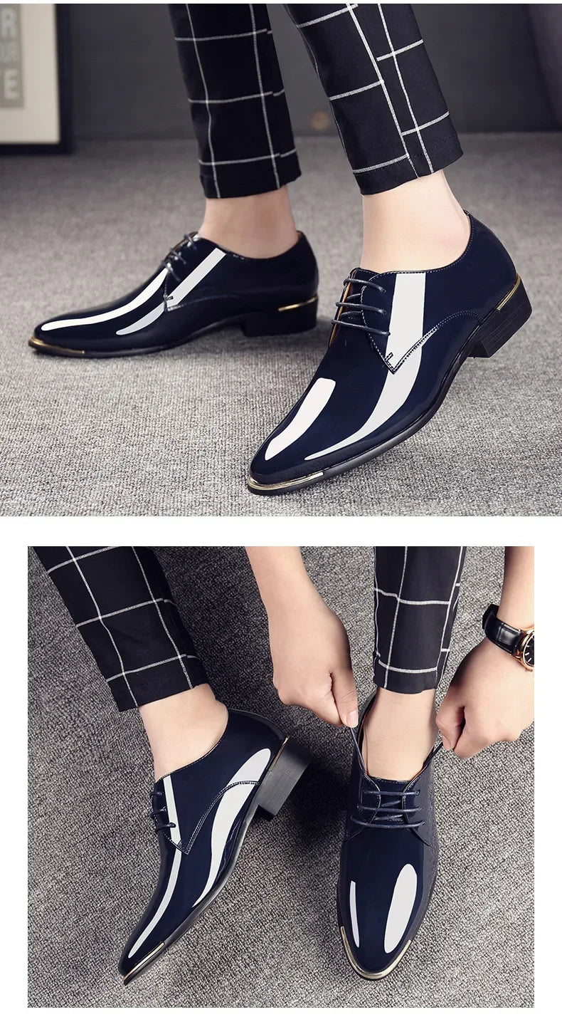 New Men’s Patent Leather Shoes  British Style Men's Dress Shoes Lace Up Pointed Toe Wedding Business Party Social Shoe Male