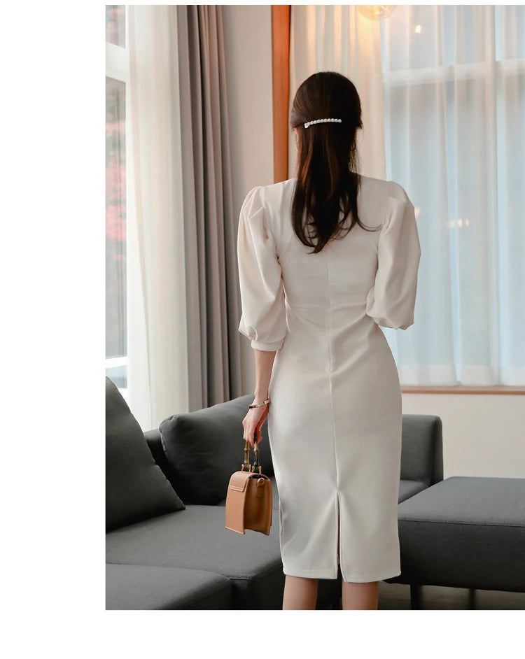 H Han Queen Hot sale Autumn Fashion Stand Collar Puff Sleeve Female Pencil bodycon Dress Slim Solid color Midi Casual Dresses