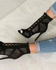 New Fashion Show Black Net Fabric Cross Strap Sexy High Heel Sandals Woman Shoes Pumps Lace-up Peep Toe Sandals Casual Mesh