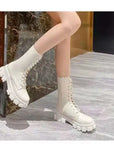 New Mid Calf Boots Women Autumn Winter Fashion Lace-up Ladies Chelsea Zipper Botas Mujer Boots Sports Platform Heel Ladies Shoes