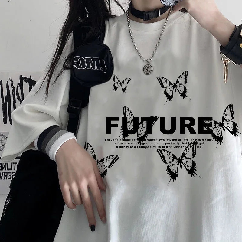 Oversized T Shirt Women Butterfly Letter Print T Shirts Short Sleeve Tee Shirt Tops Casual Harajuku T Shirt Women Clothes