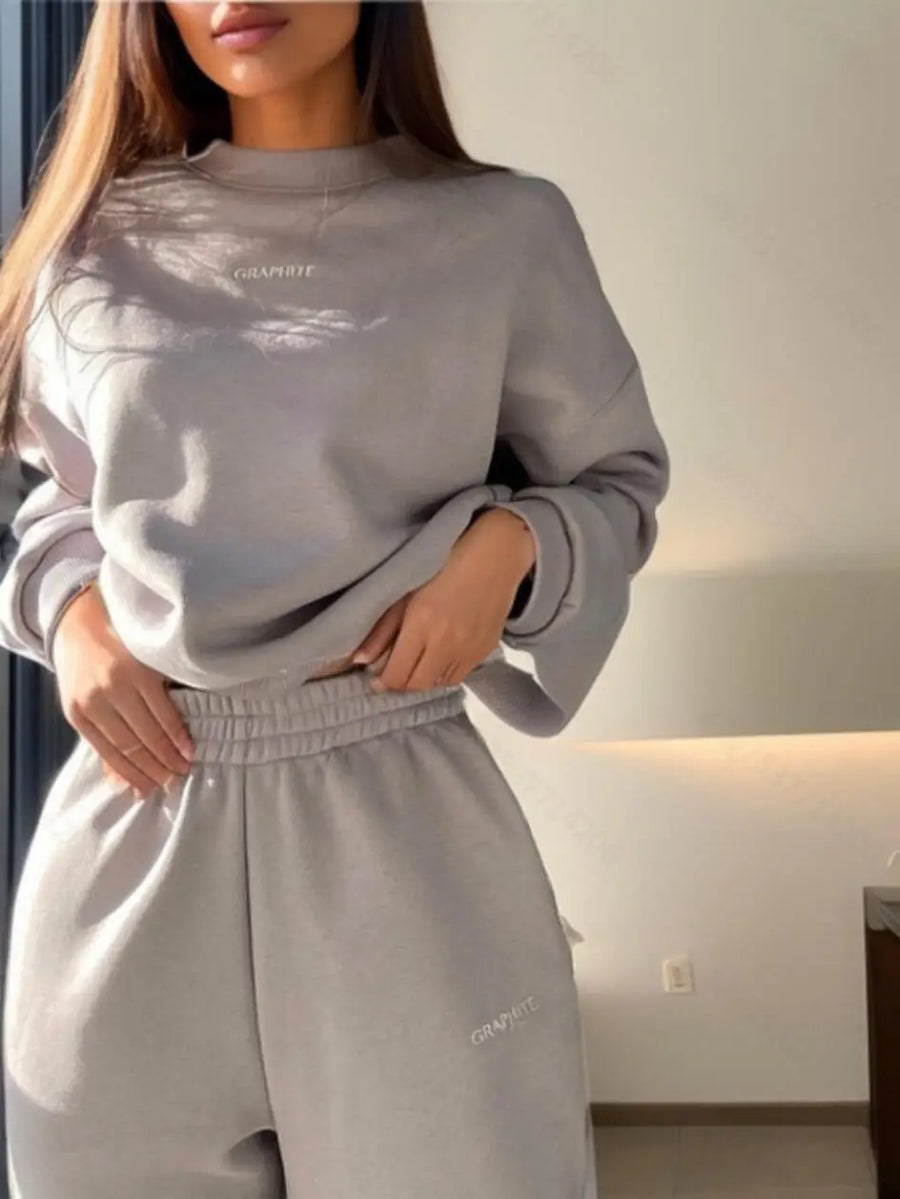 Autumn And Winter New Fashion Women's Clothing Letter Printed Long-sleeve Crewneck Hoodie Pants 2-piece Set Casual Women's Suit