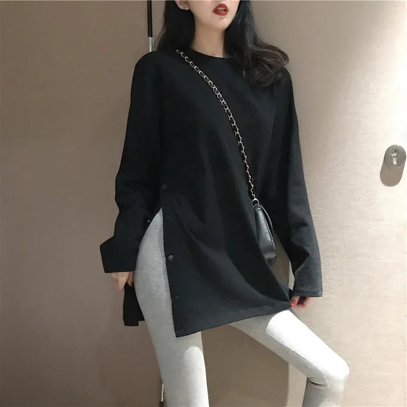 2023 New Fall Women's Clothing Korean Style Solid Color Long Sleeve T-shirt Womens Loose Fit Student Side Slit Top Trendy