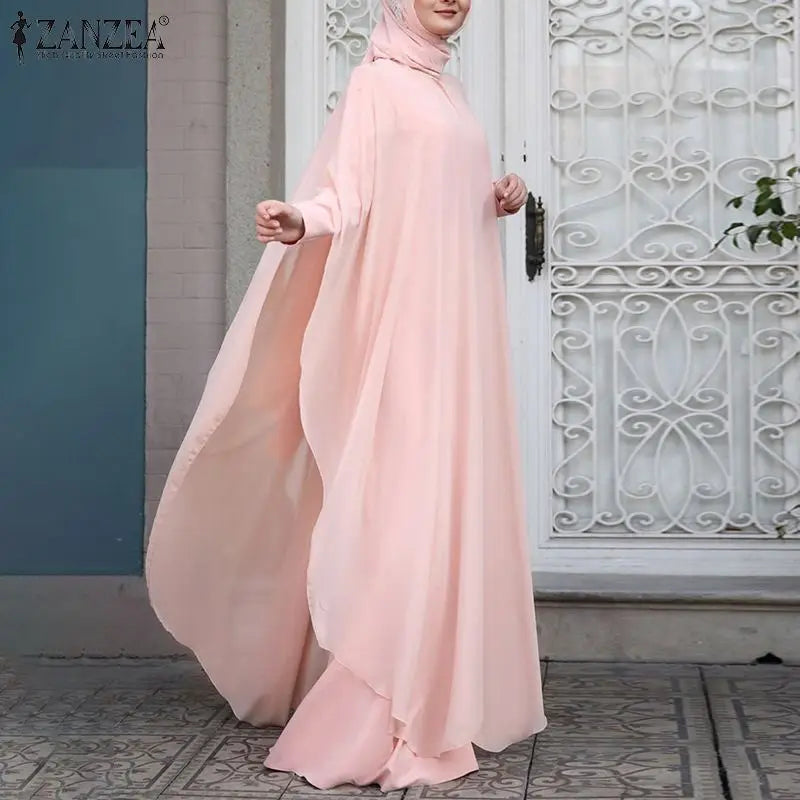 ZANZEA Fashion Summer Long Sundress Hijab Vestido 2pcs Women Long Sleeve Dress Party Kaftan Abaya