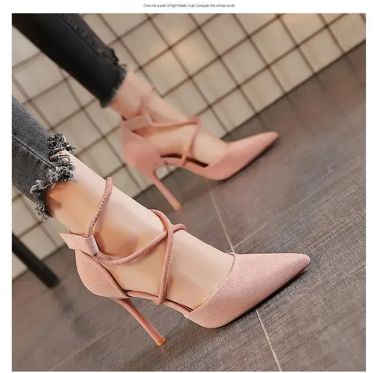 New Cross-strap Roman Sandals Suede High Heels Women's Shoes One-line Buckle Fine Heel