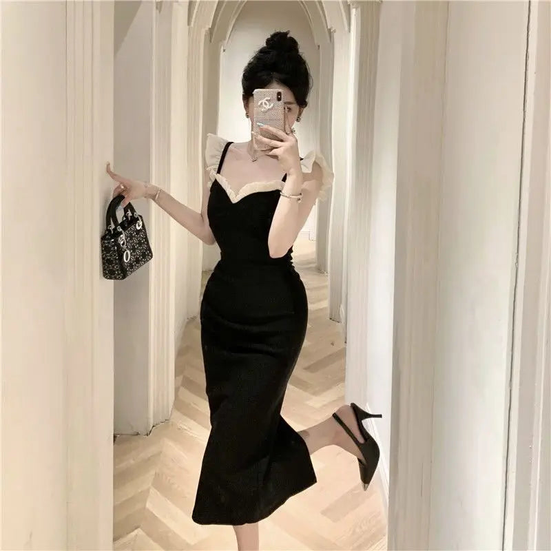 French Little Black Dress New Fashion Pure Desire Wood Ear Edge Sexy Wrapped Hip Split Dress Birthday Party Dress