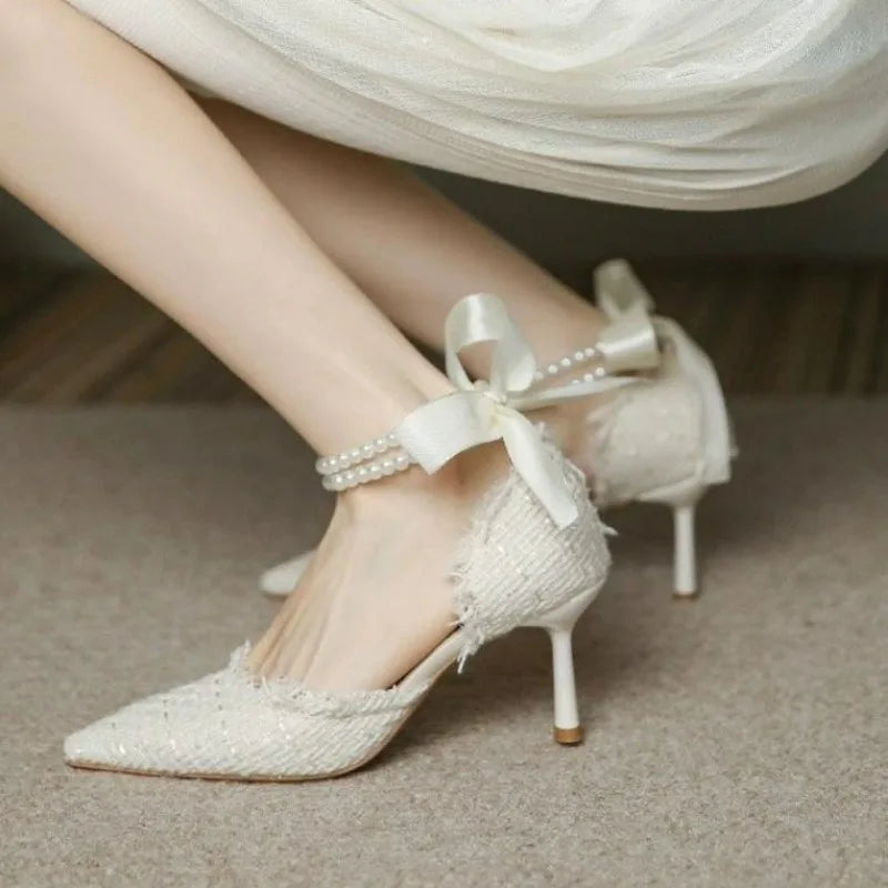 New White Women Thin Heel Hollow Sandals Woman Pearl Butterfly Pointed Toe High Heels Womens Shoe High Heel Pumps Wedding Shoes