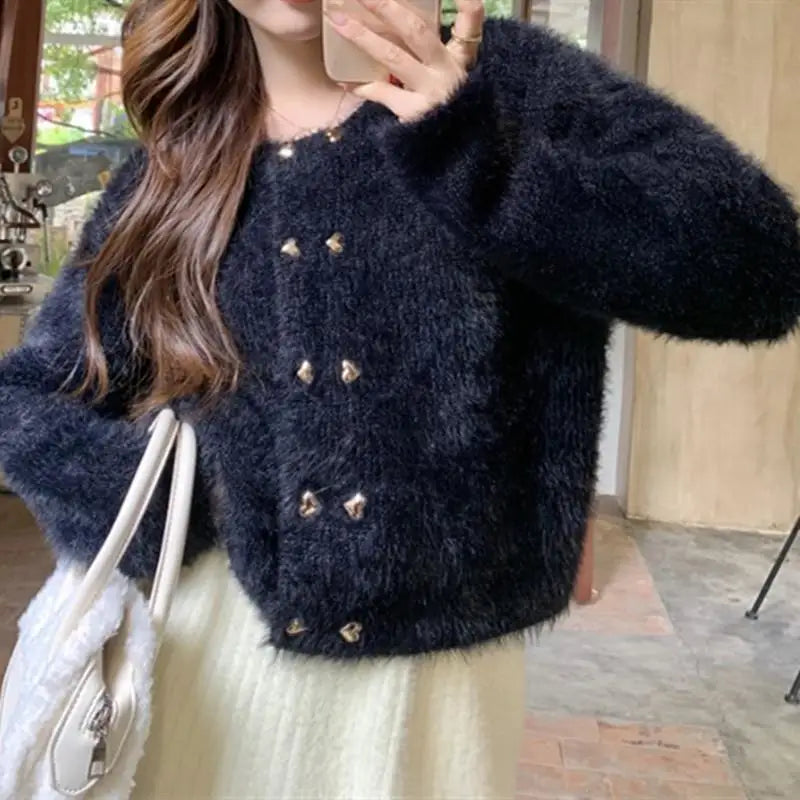 Winter Clothes Women Korean Style Loose Cardigans Round Neck Solid Color Fiocking Ladies Sweater Fall Winter Fashion New Coat