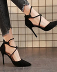 New Cross-strap Roman Sandals Suede High Heels Women's Shoes One-line Buckle Fine Heel