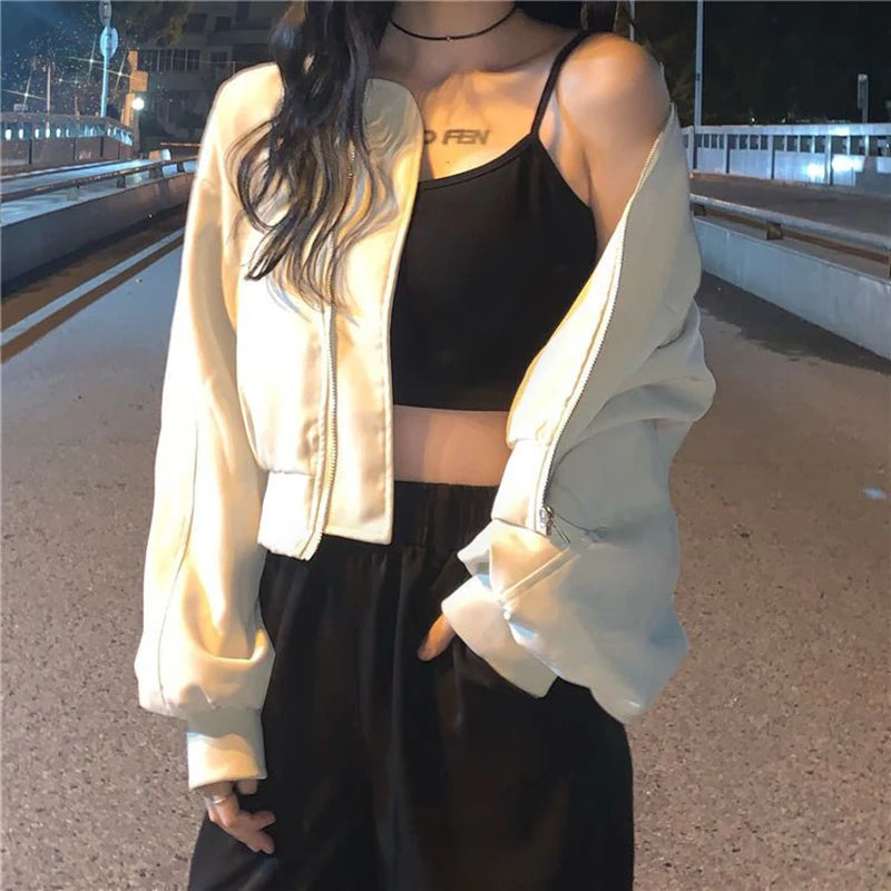 Basic Baseball Capsule Jacket Loose Long Sleeve Fall Zipper Simple Cropped Coat Fashion Harajuku Casual Outwear