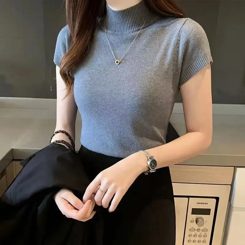 Women's Half-High Neck T-Shirt Fashion Jumper Style Elegant Solid-Coloured Clothing Spring And Summer Season