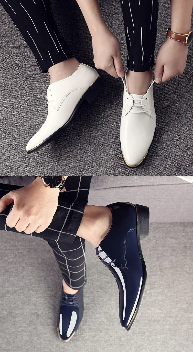 New Men’s Patent Leather Shoes  British Style Men's Dress Shoes Lace Up Pointed Toe Wedding Business Party Social Shoe Male