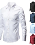 Men Shirt Long Sleeve Solid Color Button Single-breasted Cardigan Dress-up Casual Lapel Men Spring Shirt Stretch Business Formal