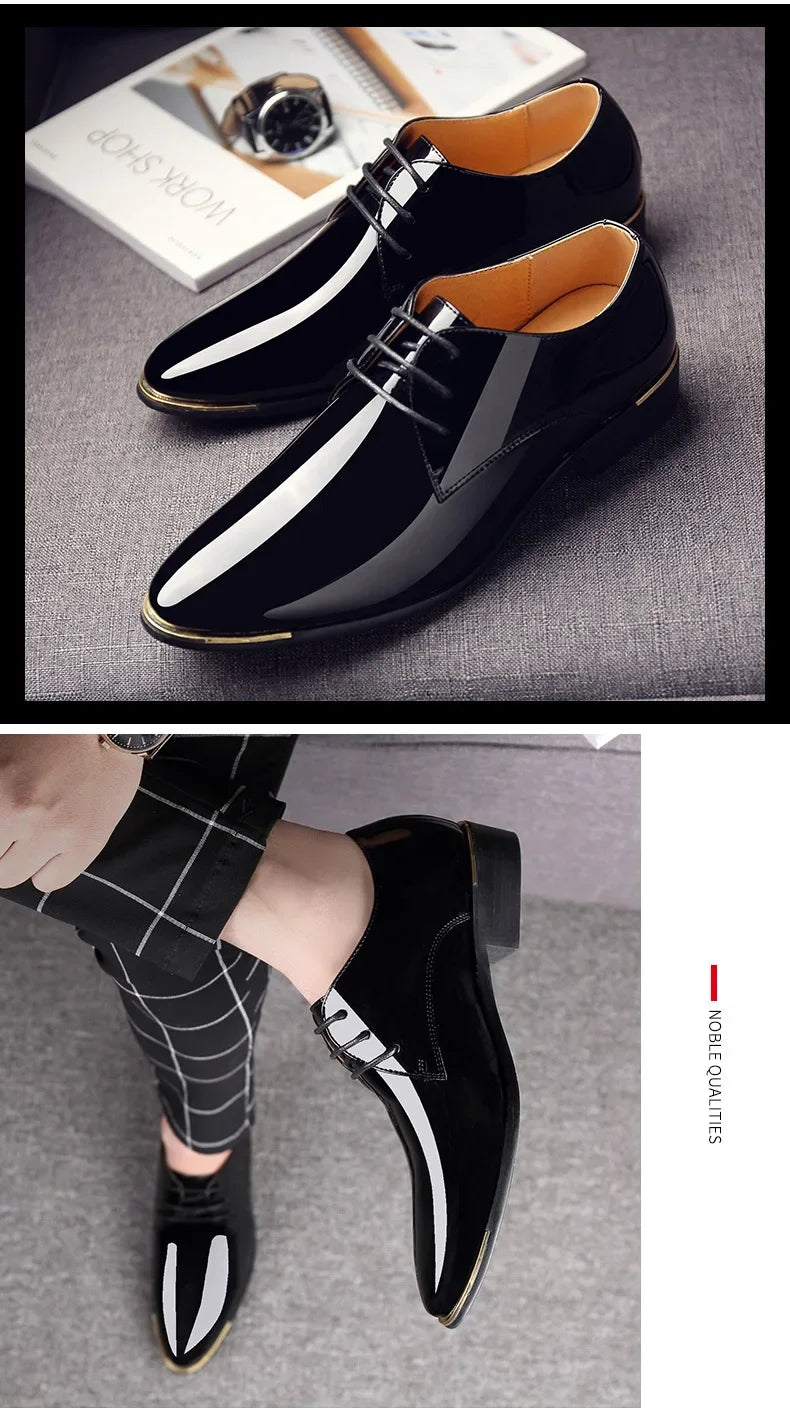 New Men’s Patent Leather Shoes  British Style Men's Dress Shoes Lace Up Pointed Toe Wedding Business Party Social Shoe Male