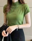 Women's Half-High Neck T-Shirt Fashion Jumper Style Elegant Solid-Coloured Clothing Spring And Summer Season