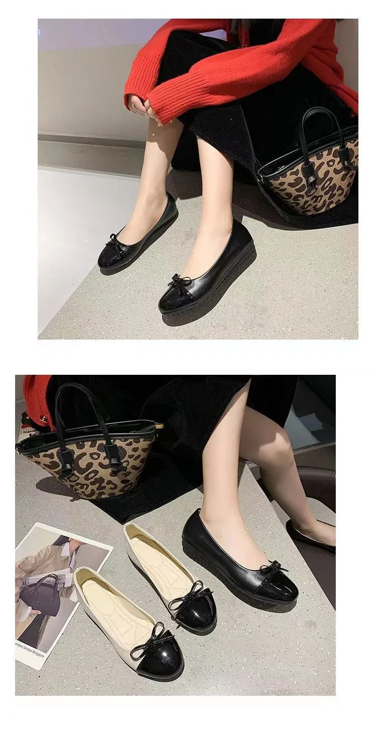 Ballerina Women's Flat Shoes Comfort Non-slip Ladies Loafers Leather Flats Elegant Bowknot Women's Single Shoes Mother's Shoes