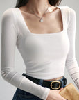 Women Cotton Ribbed Square Neck Crop Top With Long Sleeve