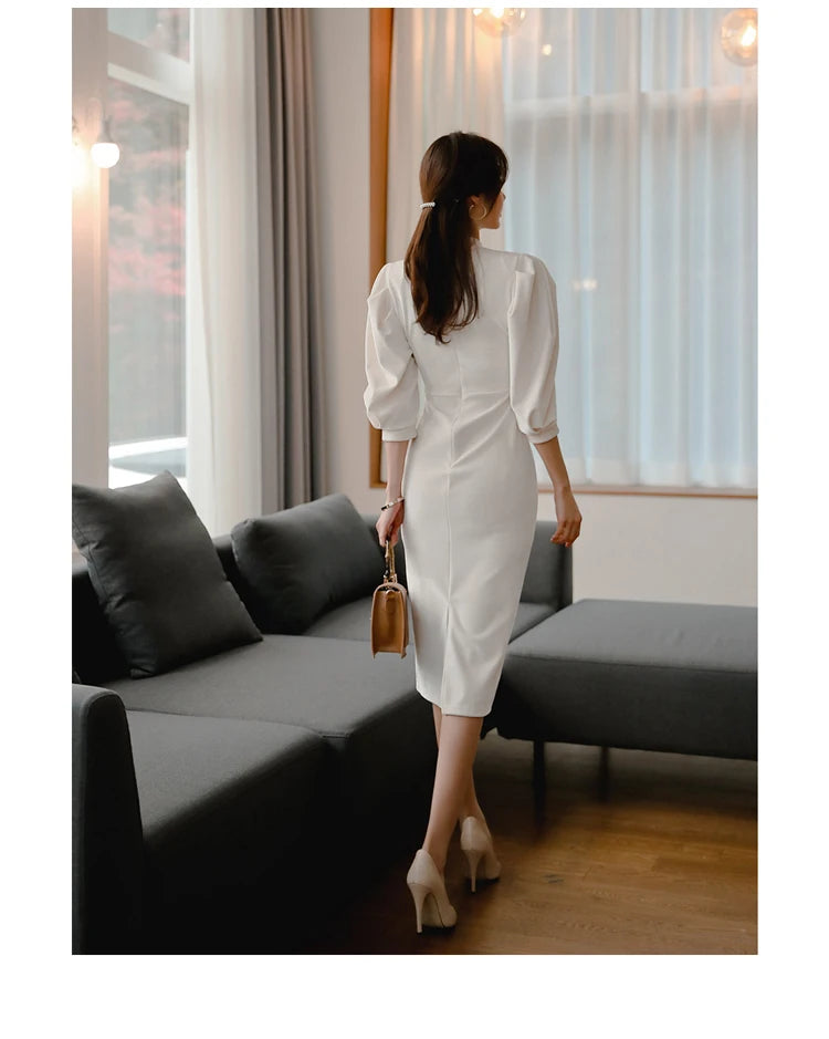 H Han Queen Hot sale Autumn Fashion Stand Collar Puff Sleeve Female Pencil bodycon Dress Slim Solid color Midi Casual Dresses