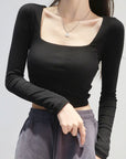 Women Cotton Ribbed Square Neck Crop Top With Long Sleeve