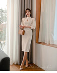 H Han Queen Hot sale Autumn Fashion Stand Collar Puff Sleeve Female Pencil bodycon Dress Slim Solid color Midi Casual Dresses