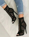 New Fashion Show Black Net Fabric Cross Strap Sexy High Heel Sandals Woman Shoes Pumps Lace-up Peep Toe Sandals Casual Mesh