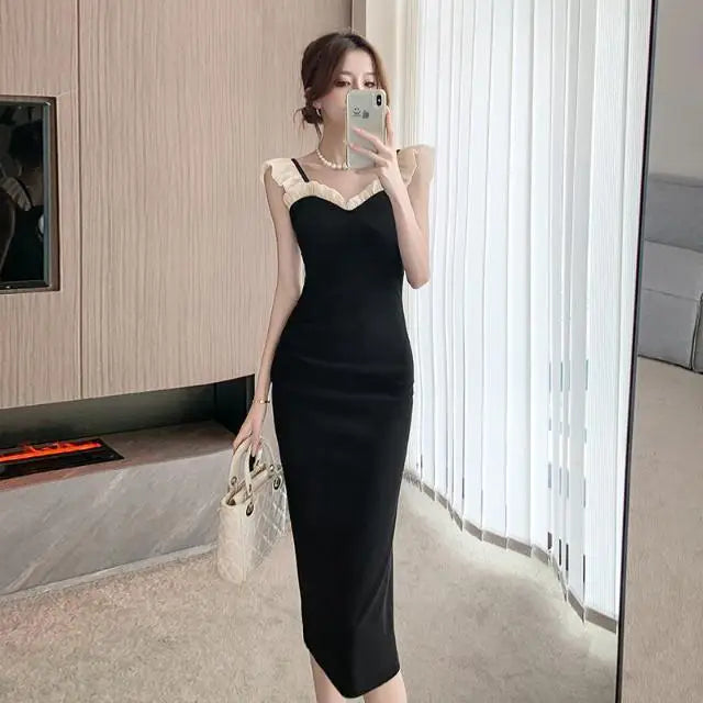 French Little Black Dress New Fashion Pure Desire Wood Ear Edge Sexy Wrapped Hip Split Dress Birthday Party Dress