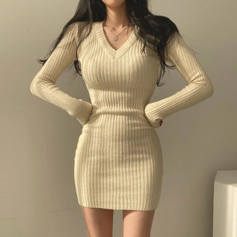 Women Knit Slim Bodycon Dress V-Neck Long Sleeve Dress Solid Casual Midi Sweater Dress For Women Autumn Winter