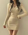 Women Knit Slim Bodycon Dress V-Neck Long Sleeve Dress Solid Casual Midi Sweater Dress For Women Autumn Winter