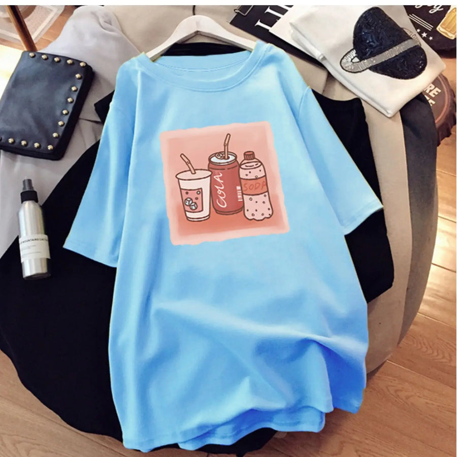 Pink Short Sleeve Oversized T-shirt Women's Loose Mid-Length Summer Printed O-Neck Tee European Style 2023 New Lover Tops