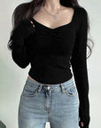 Sweetheart Neck Ruched T-shirt, Casual Long Sleeve Slim Crop Top