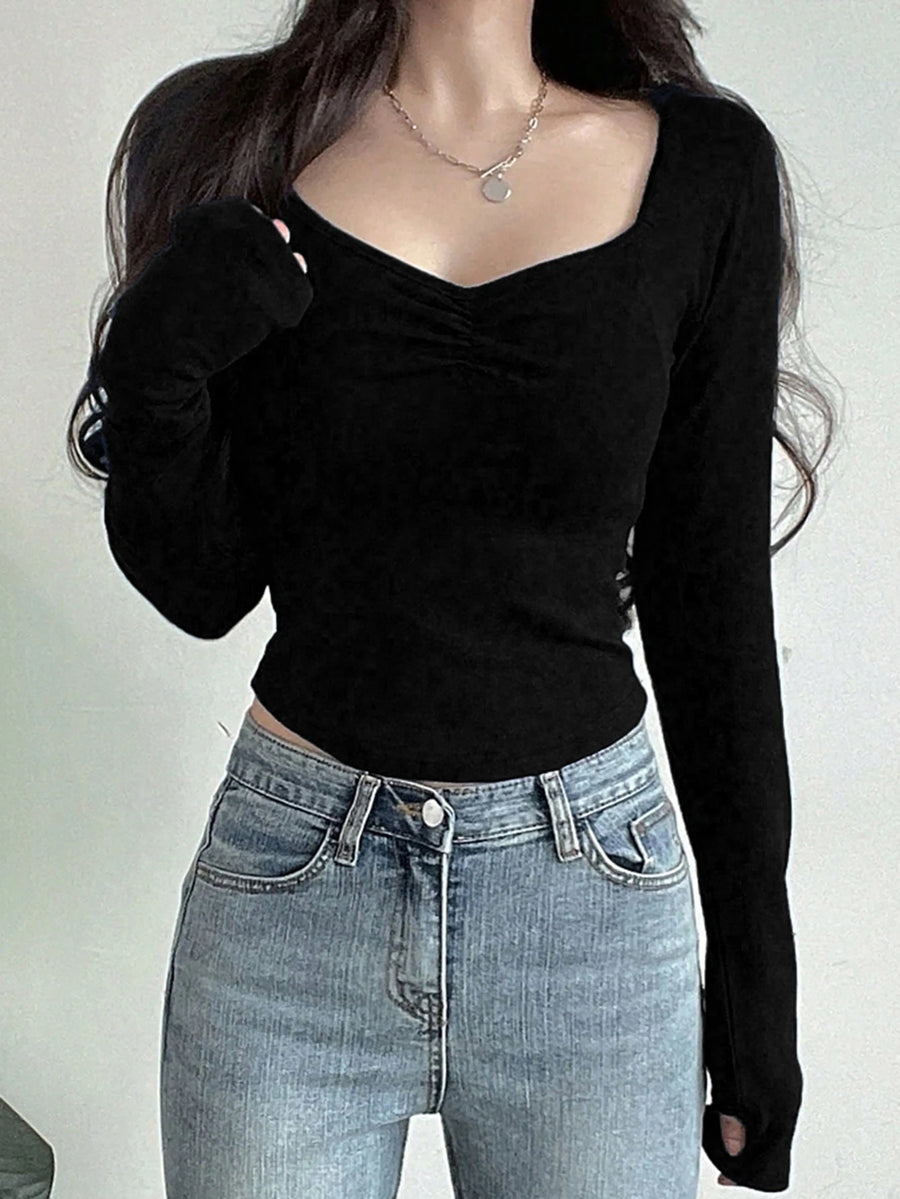 Sweetheart Neck Ruched T-shirt, Casual Long Sleeve Slim Crop Top