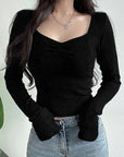 Sweetheart Neck Ruched T-shirt, Casual Long Sleeve Slim Crop Top