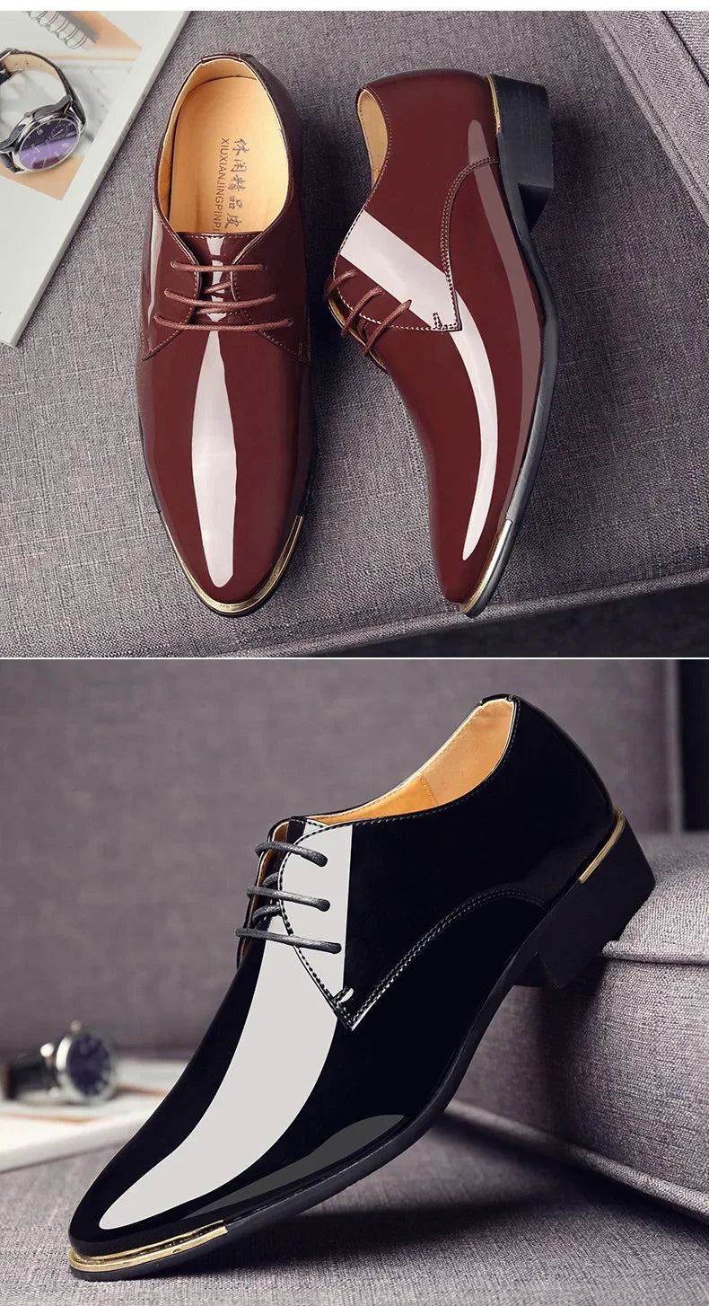 New Men’s Patent Leather Shoes  British Style Men's Dress Shoes Lace Up Pointed Toe Wedding Business Party Social Shoe Male