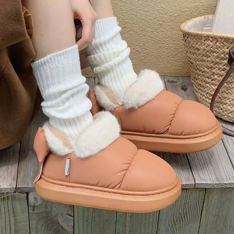 Bow Cotton Shoe Waterproof Plush Boots New Women Cute Warm Ankle Boots Ladies Outdoor Non-slip Thick Sole Snow Boot Furry