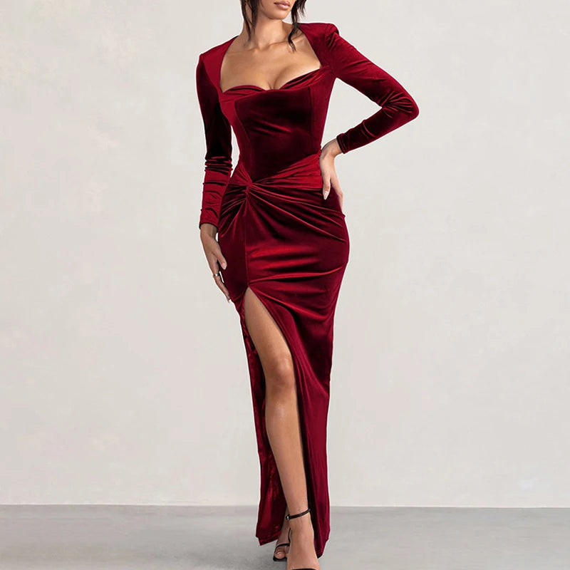 Winter Casual Solid High Waist Long Dress New Women Long Sleeve Slit Party Dress Lady Elegant