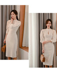 H Han Queen Hot sale Autumn Fashion Stand Collar Puff Sleeve Female Pencil bodycon Dress Slim Solid color Midi Casual Dresses