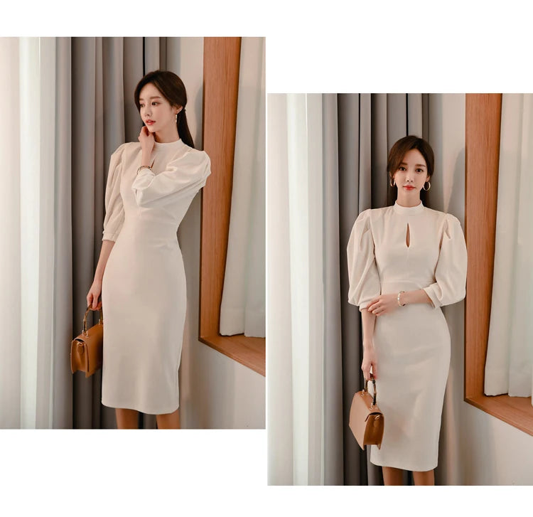 H Han Queen Hot sale Autumn Fashion Stand Collar Puff Sleeve Female Pencil bodycon Dress Slim Solid color Midi Casual Dresses