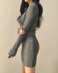 Women Knit Slim Bodycon Dress V-Neck Long Sleeve Dress Solid Casual Midi Sweater Dress For Women Autumn Winter