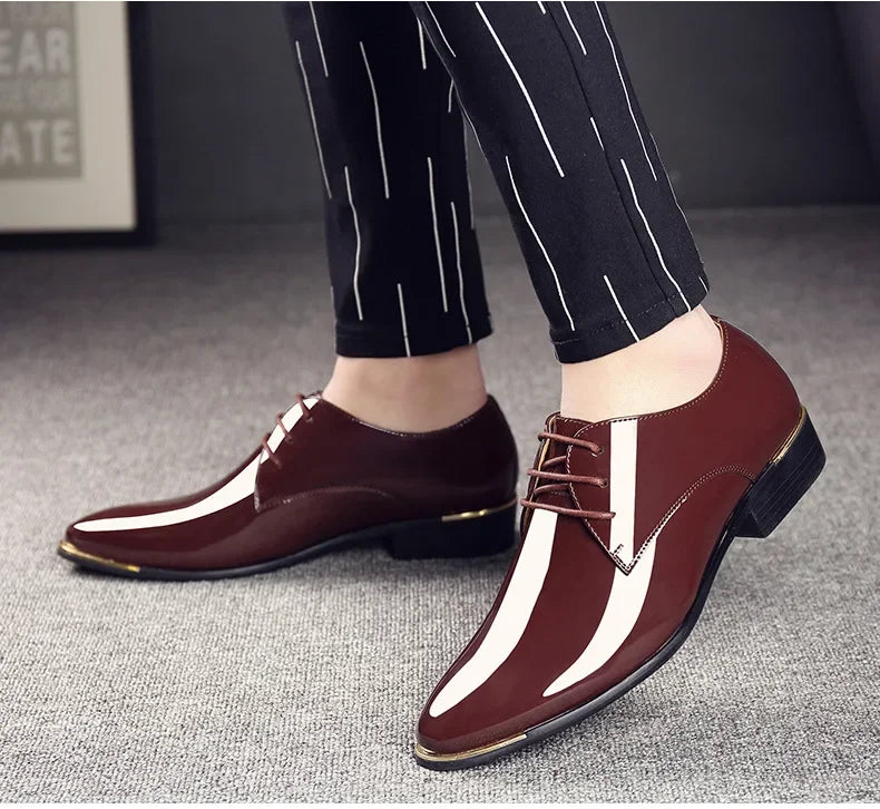 New Men’s Patent Leather Shoes  British Style Men's Dress Shoes Lace Up Pointed Toe Wedding Business Party Social Shoe Male