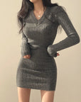 Women Knit Slim Bodycon Dress V-Neck Long Sleeve Dress Solid Casual Midi Sweater Dress For Women Autumn Winter