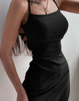 Sexy Black Long Bodycon Dress Women Summer Sleeveless Blackless Halter Neck Spaghetti Strap Dresses High Split Vestidos